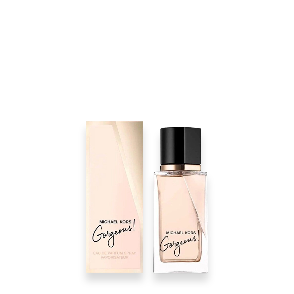 Gorgeous by Michael Kors Eau de Parfum » Scott Beauty Shop Michael Kors Gorgeous perfume bottle beside its pink box with black cap, on a dark background.