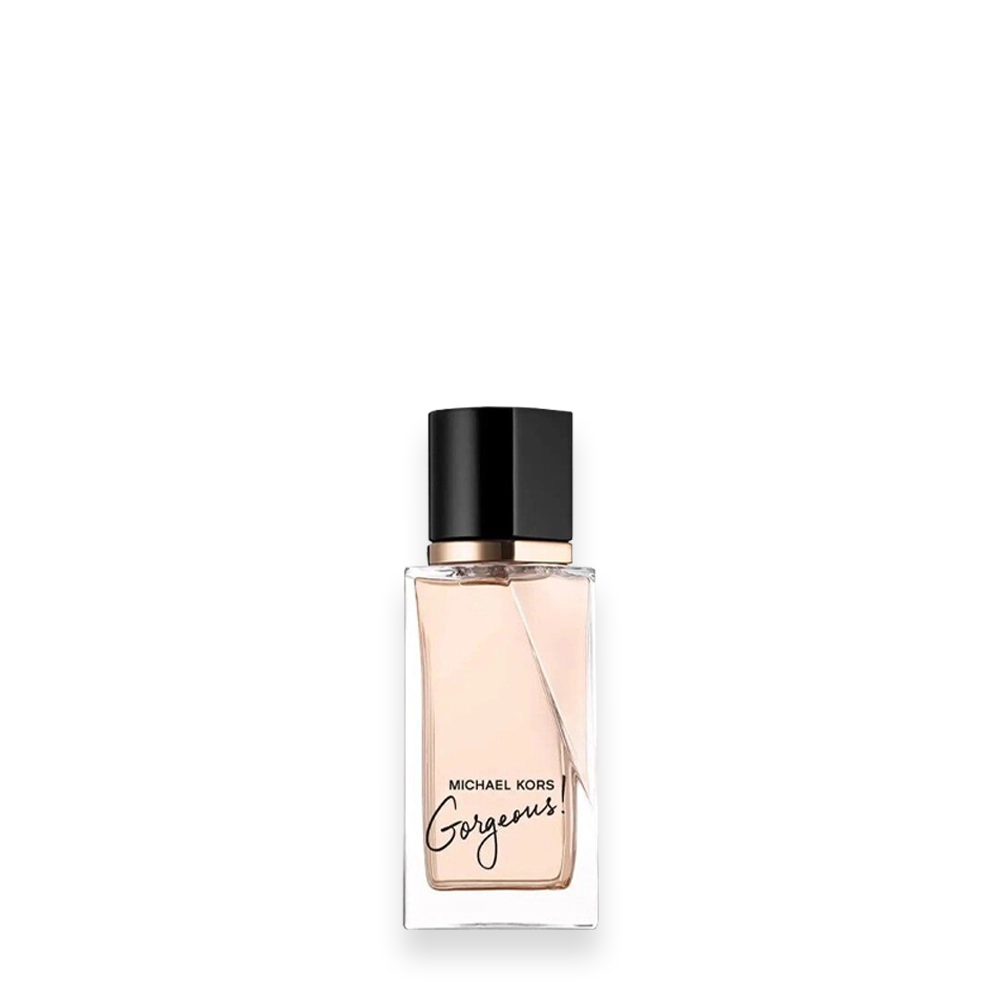 Gorgeous by Michael Kors Eau de Parfum » Scott Beauty Shop Michael Kors Gorgeous perfume bottle with pale pink liquid and a black cap, rectangular glass bottle.