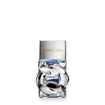 Michael Kors perfume bottle with a silver cap and sculpted metallic loops around the blue-tinted liquid.