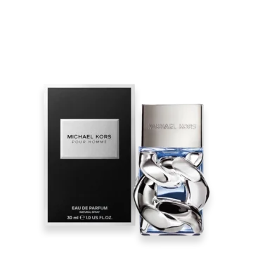 Michael Kors Pour Homme eau de parfum bottle beside its black box with a silver label reading MICHAEL KORS POUR HOMME.