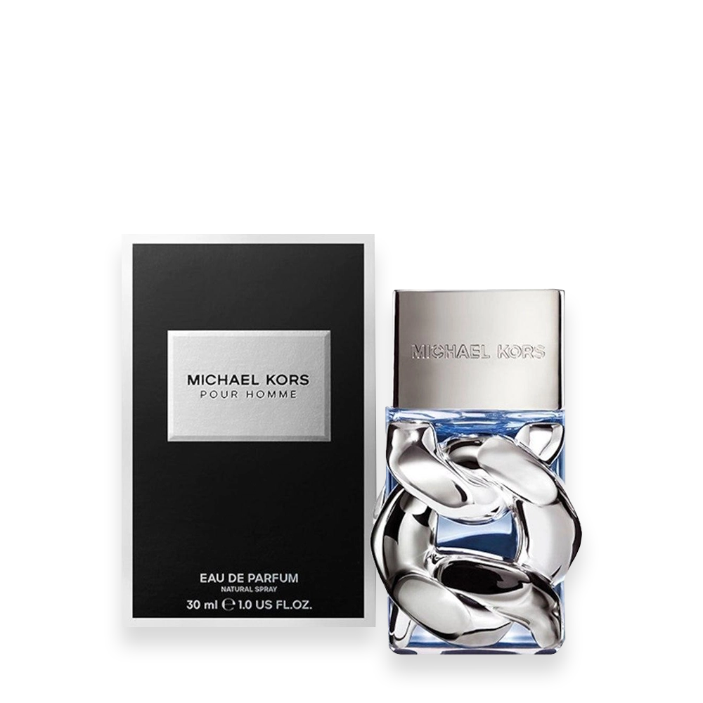 Pour Homme by Michael Kors Eau de Parfum » Scott Beauty Shop Michael Kors Pour Homme eau de parfum bottle beside its black box with a silver label reading MICHAEL KORS POUR HOMME.