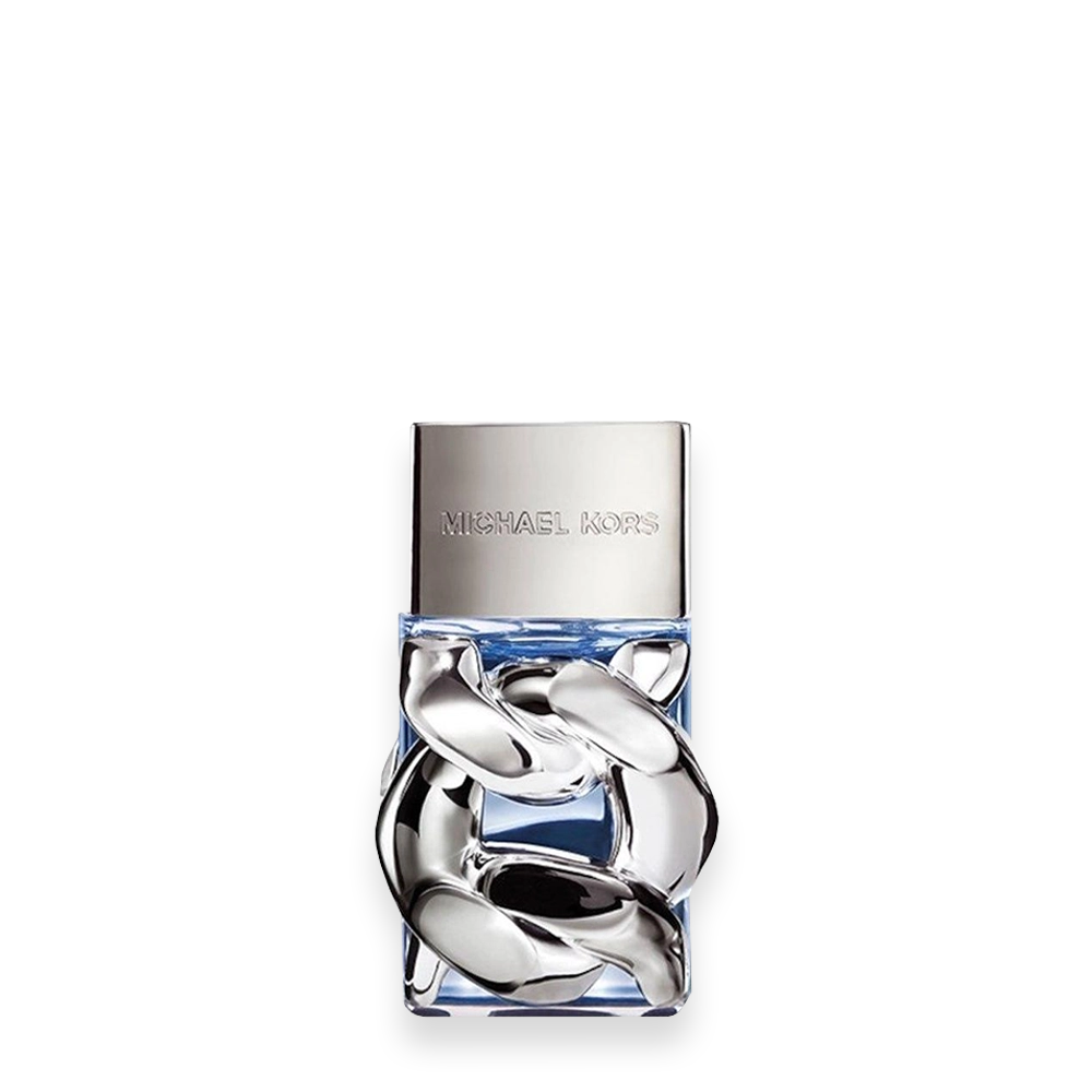 Pour Homme by Michael Kors Eau de Parfum » Scott Beauty Shop Michael Kors perfume bottle with a silver cap and sculpted metallic loops around the blue-tinted liquid.