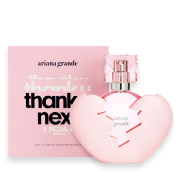 Thank U Next Eau de Parfum by Ariana Grande in a pink broken-heart bottle with matching pink box packaging.