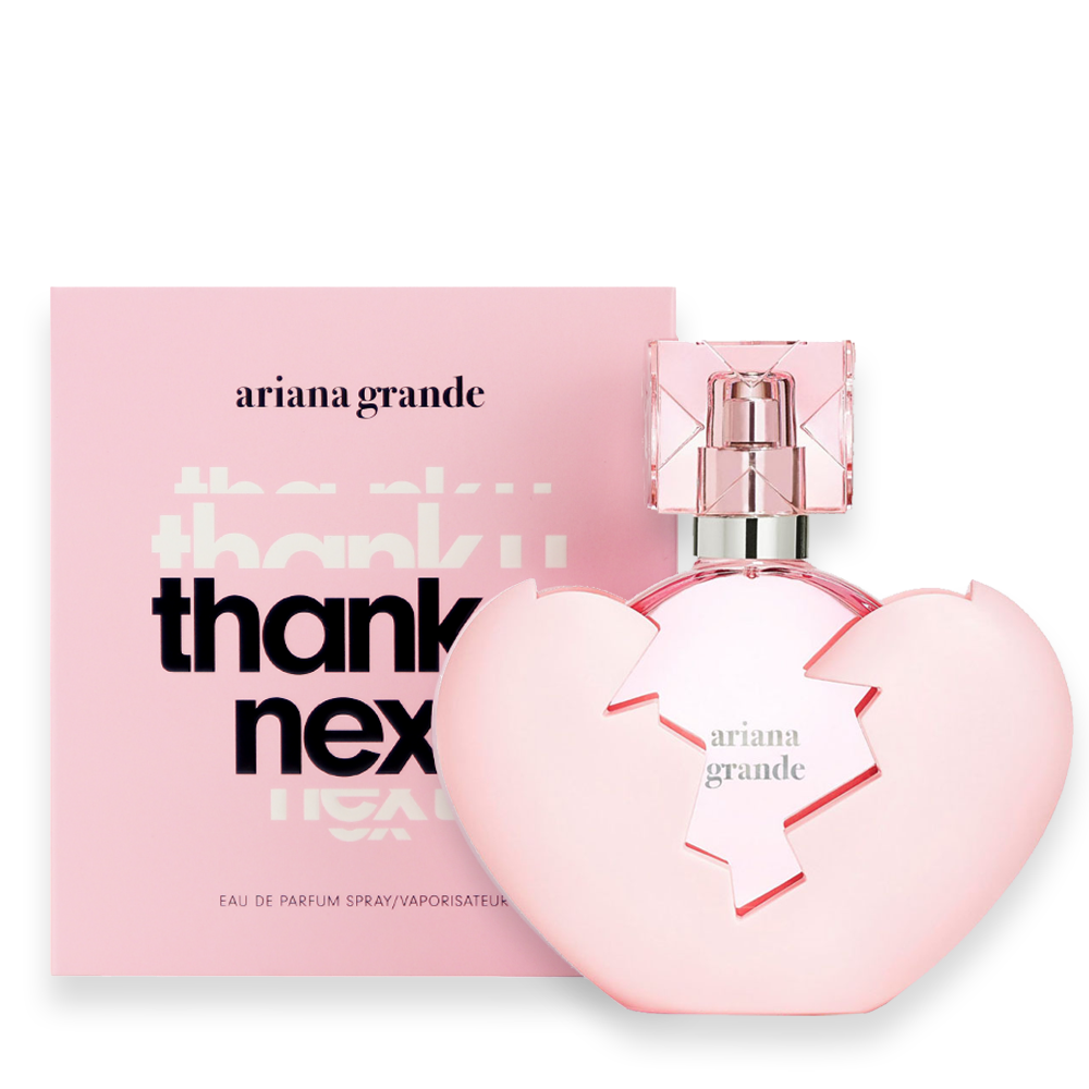 Thank U Next Eau de Parfum – Ariana Grande | Scott Beauty Shop » Scott Beauty Shop Thank U Next Eau de Parfum by Ariana Grande in a pink broken-heart bottle with matching pink box packaging.