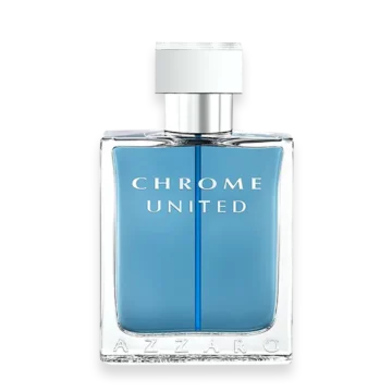 Azzaro Chrome United perfume bottle with blue liquid in a clear glass rectangle and silver cap