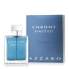 Chrome United perfume bottle with blue liquid beside matching blue box by Azzaro (3.4 fl oz).