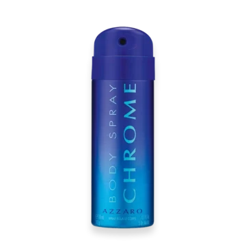 Azzaro Chrome body spray bottle in a blue gradient cylindrical can.