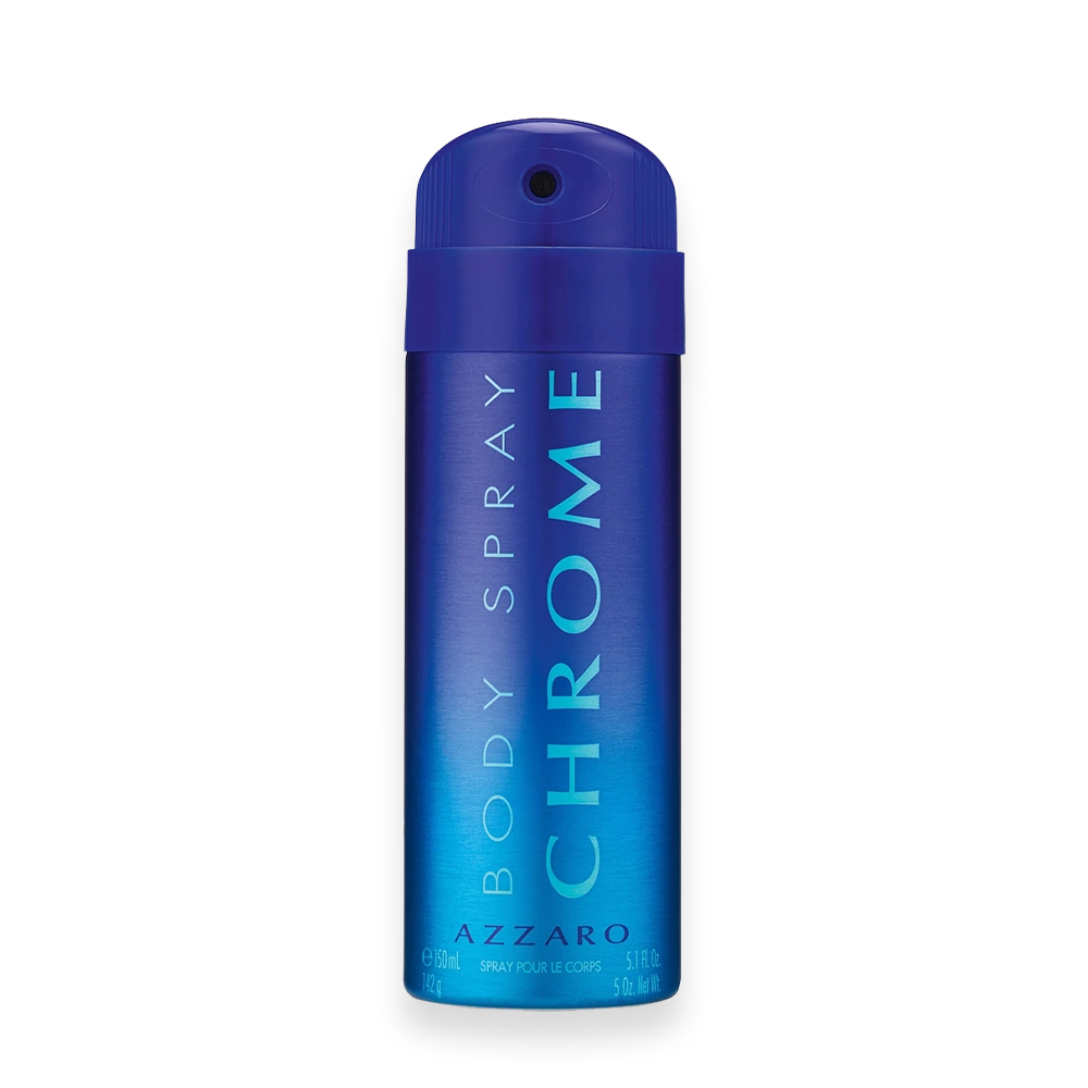Chrome Body Spray » Scott Beauty Shop Azzaro Chrome body spray bottle in a blue gradient cylindrical can.