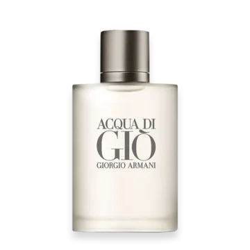 Bottle of Acqua Di Giò perfume featuring a sleek, minimalist design inspired by the Mediterranean Sea