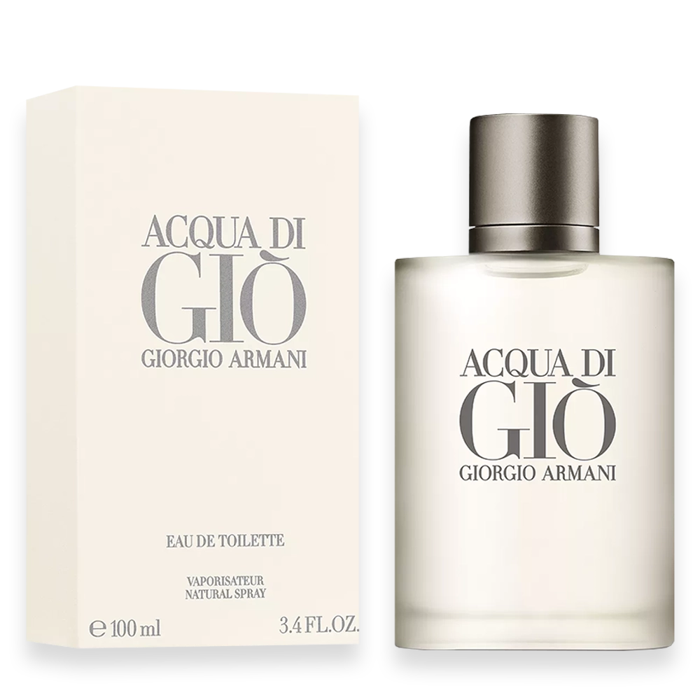 Acqua Di Giò Perfume by Giorgio Armani | Fresh Aquatic Citrus Fragrance for Men » Scott Beauty Shop Bottle of Acqua Di Giò perfume featuring a sleek, minimalist design inspired by the Mediterranean Sea
