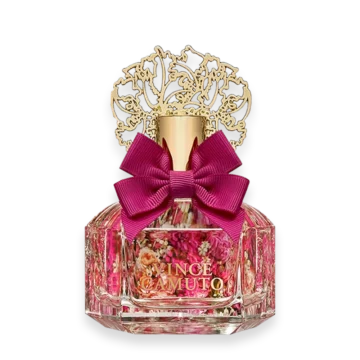 Floral perfume bottle with pink bow and gold crown topper, Vince Camuto label visible, decorative pink floral design inside crystal bottle