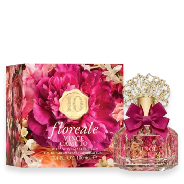 Vince Camuto Floreale 10th Anniversary Edition perfume gift set: floral box with pink peonies and a crystal bottle wearing a gold cap and magenta bow