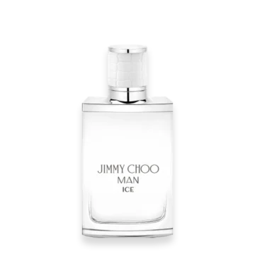 Bottle of Jimmy Choo Man Ice perfume featuring a frosted blue design with sleek, masculine styling