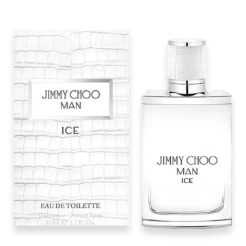 Bottle of Jimmy Choo Man Ice perfume featuring a frosted blue design with sleek, masculine styling