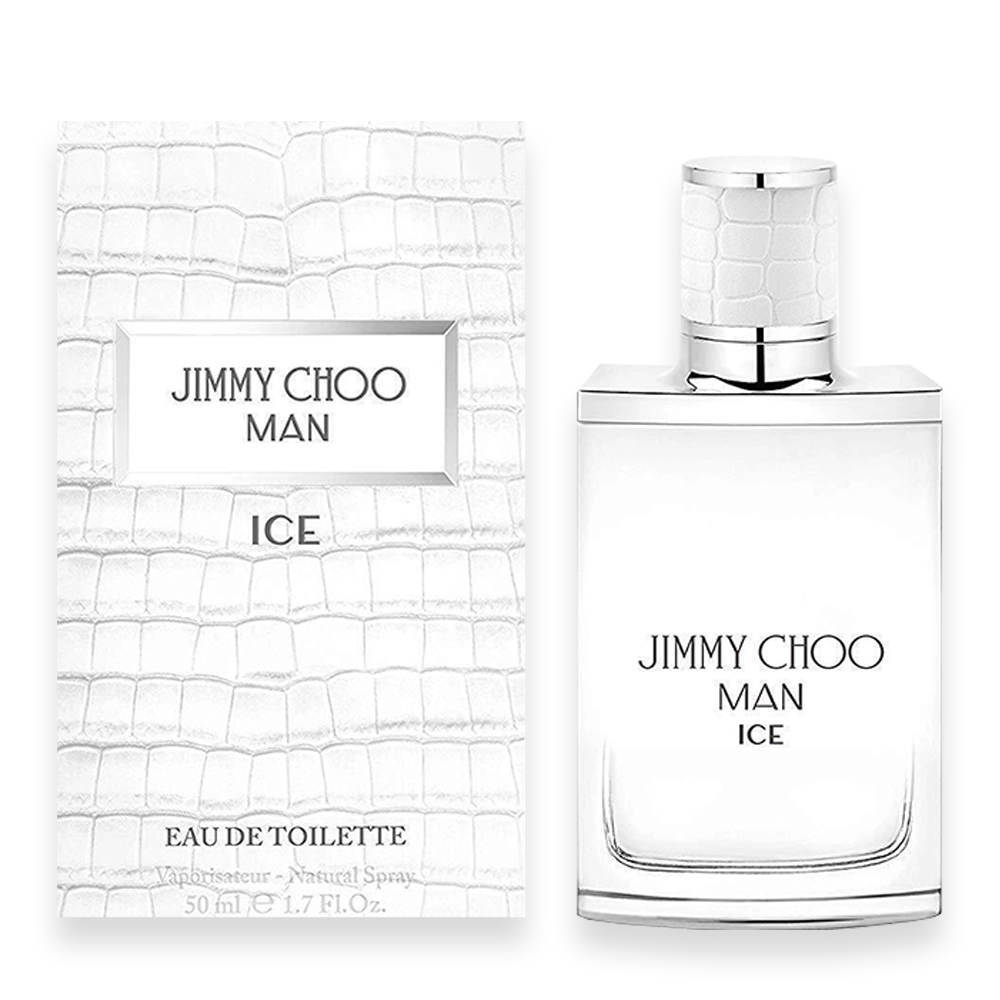 Jimmy Choo Man Ice | Fresh Citrus Aquatic Woody Fragrance for Men » Scott Beauty Shop Bottle of Jimmy Choo Man Ice perfume featuring a frosted blue design with sleek, masculine styling