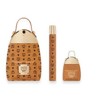 MCM Gift Set Eau de Parfum » Scott Beauty Shop MCM perfume gift set: tan monogrammed travel tote, tall fragrance bottle, and matching mini pouch.