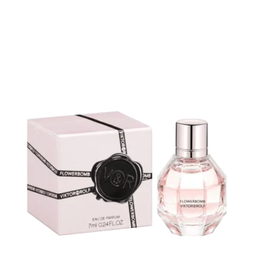 Miniature bottle of Flowerbomb perfume featuring the signature faceted grenade-shaped design