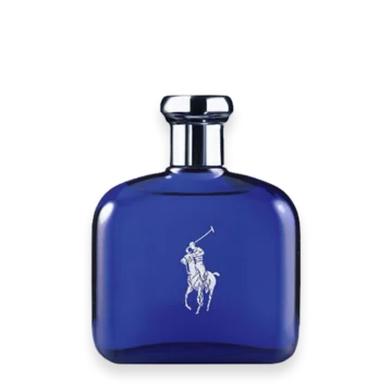 Bottle of Polo Blue by Ralph Lauren featuring a deep blue glass design with silver accents