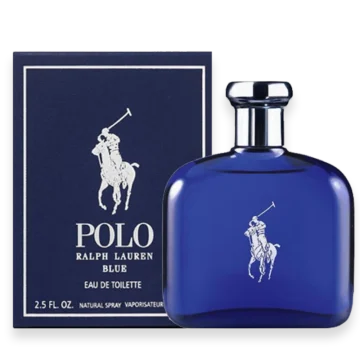 Bottle of Polo Blue by Ralph Lauren featuring a deep blue glass design with silver accents