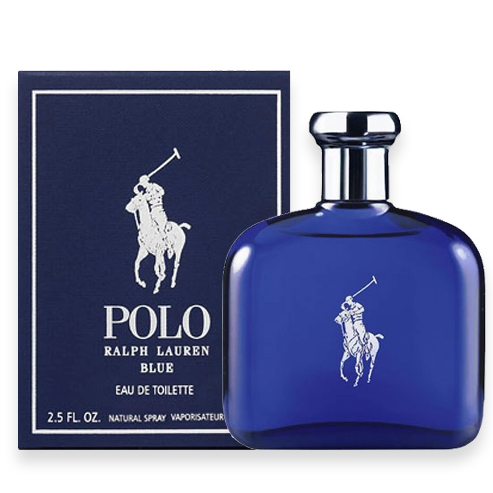 Polo Blue by Ralph Lauren | Fresh Aquatic Aromatic Fragrance for Men » Scott Beauty Shop Bottle of Polo Blue by Ralph Lauren featuring a deep blue glass design with silver accents