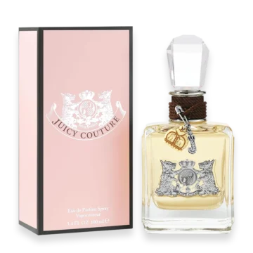 Juicy Couture Eau de Parfum women's fragrance bottle with pink liquid and gold crown cap
