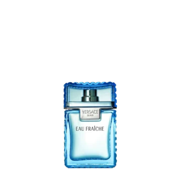 Miniature bottle of Versace Man Eau Fraiche featuring a sleek light blue glass design with gold accents