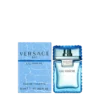 Miniature bottle of Versace Man Eau Fraiche featuring a sleek light blue glass design with gold accents