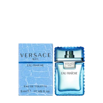 Miniature bottle of Versace Man Eau Fraiche featuring a sleek light blue glass design with gold accents