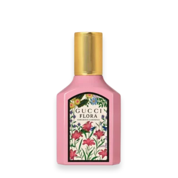 Bottle of Gucci Flora Gorgeous Gardenia perfume with floral design