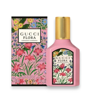 Bottle of Gucci Flora Gorgeous Gardenia perfume with floral design