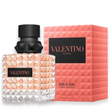 Valentino Donna Born in Roma Coral Fantasy with red fruits, jasmine, and vanilla creating a playful, vibrant, and modern feminine fragrance