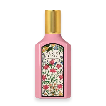 Bottle of Gucci Flora Gorgeous Gardenia perfume with floral design