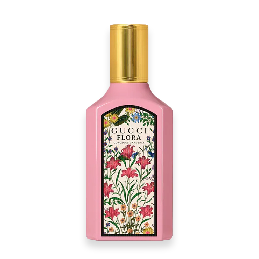 Gucci Flora Gorgeous Gardenia – Fresh Floral Elegance » Scott Beauty Shop Bottle of Gucci Flora Gorgeous Gardenia perfume with floral design