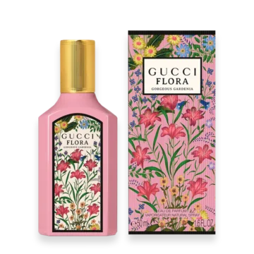 Bottle of Gucci Flora Gorgeous Gardenia perfume with floral design