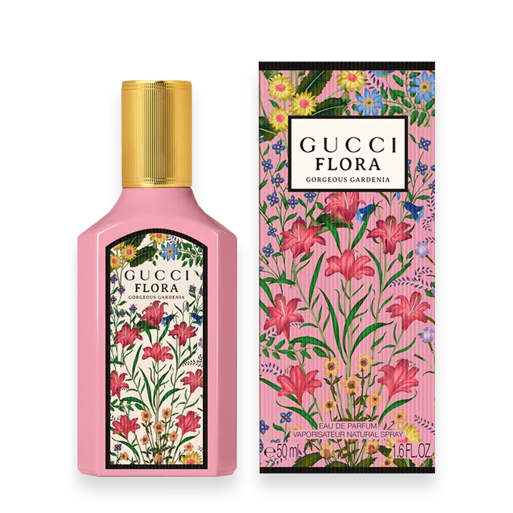 Gucci Flora Gorgeous Gardenia – Fresh Floral Elegance » Scott Beauty Shop Bottle of Gucci Flora Gorgeous Gardenia perfume with floral design