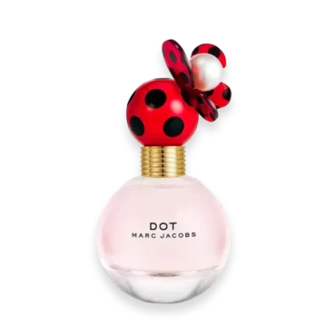 Marc Jacobs Dot perfume bottle with pink liquid and a red ladybug-shaped cap.