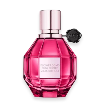 Flowerbomb Ruby Orchid perfume bottle with deep red faceted design and gold accents