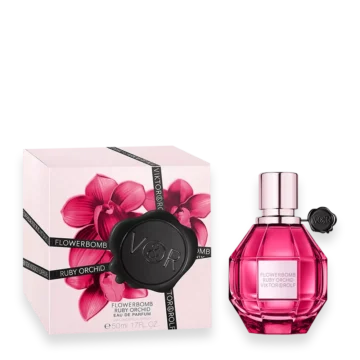 Flowerbomb Ruby Orchid perfume bottle with deep red faceted design and gold accents