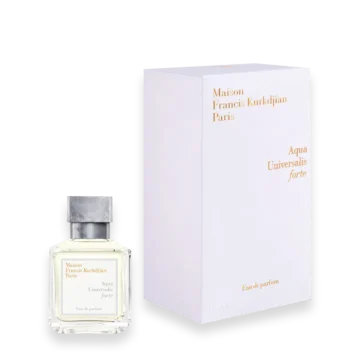 Aqua Universalis Forte Maison Francis Kurkdjian perfume bottle with elegant white and gold design