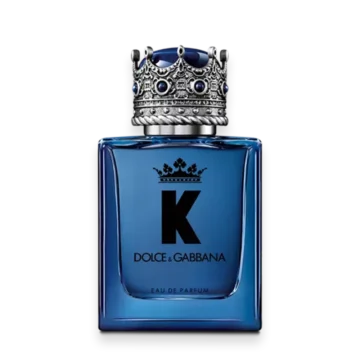K by Dolce and Gabbana men's fragrance bottle with blue glass and crown cap