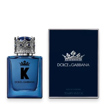 K by Dolce and Gabbana men's fragrance bottle with blue glass and crown cap