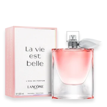 La Vie Est Belle by Lancôme perfume bottle with soft pink liquid and crystal ribbon design