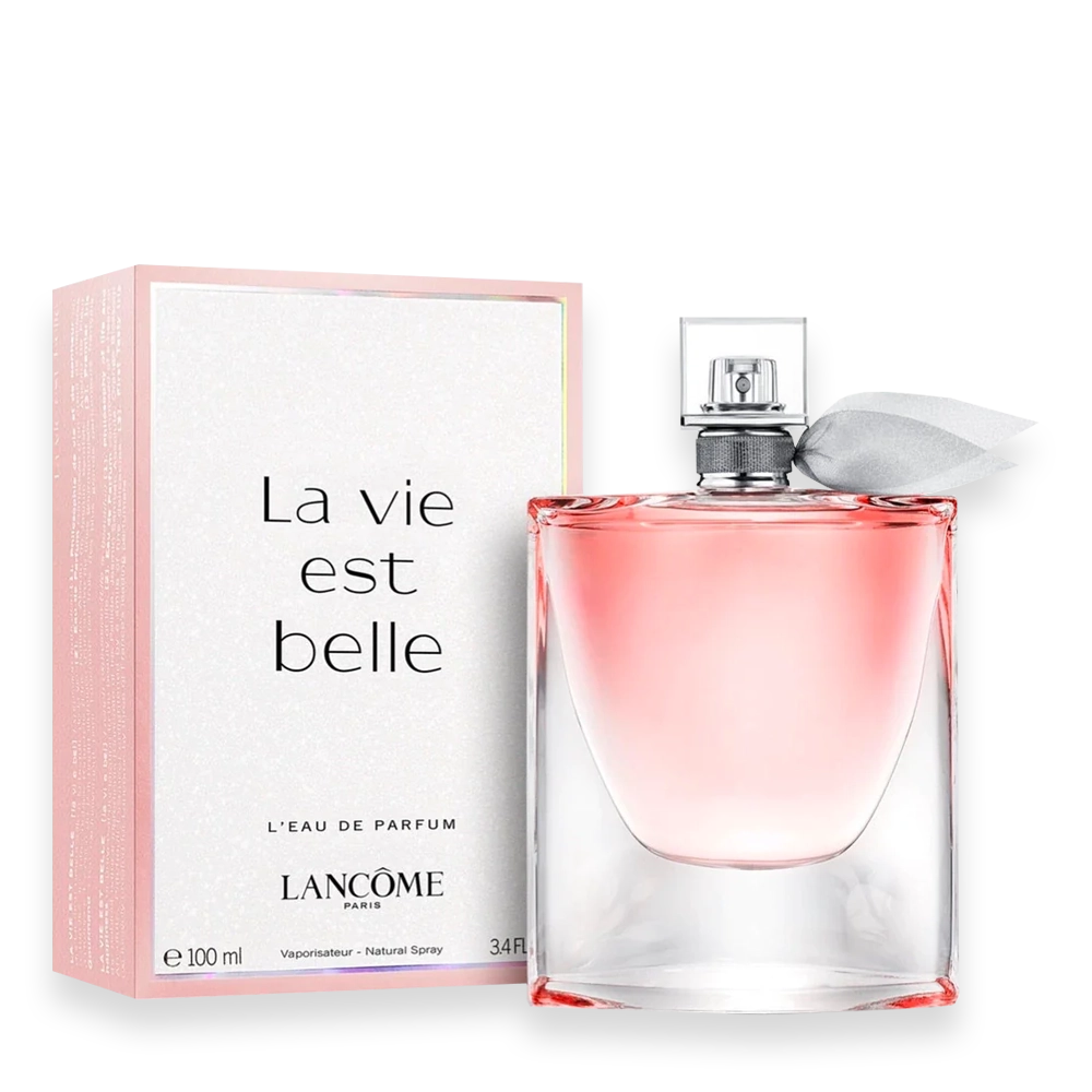 La Vie Est Belle by Lancôme Perfume Bottle » Scott Beauty Shop La Vie Est Belle by Lancôme perfume bottle with soft pink liquid and crystal ribbon design