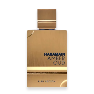 Amber Oud Bleu Edition by Al Haramain Perfumes blue and gold luxury fragrance bottle
