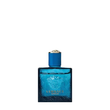 Miniature bottle of Versace Eros featuring vibrant turquoise glass with gold Medusa emblem