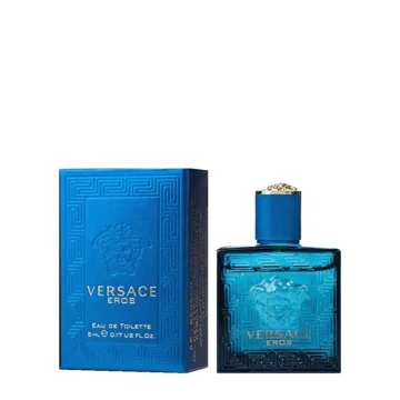 Miniature bottle of Versace Eros featuring vibrant turquoise glass with gold Medusa emblem