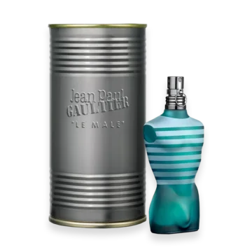 Bottle of Jean Paul Gaultier Le Male men's fragrance in a torso-shaped bottle