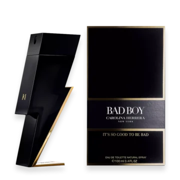 Bad Boy by Carolina Herrera lightning bolt shaped black and gold perfume bottle