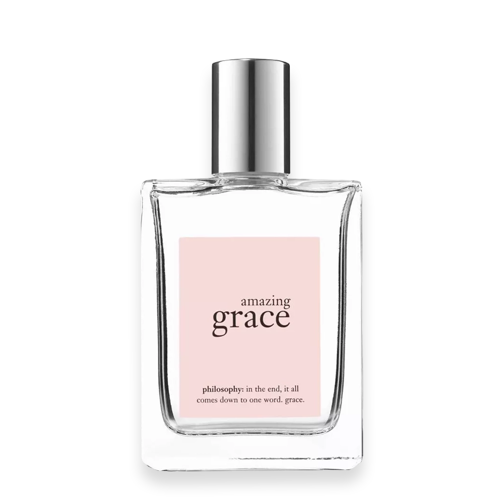 Amazing Grace by Philosophy | Clean Soft Floral Fragrance for Women » Scott Beauty Shop Bottle of Amazing Grace by Philosophy perfume featuring a simple, minimalist design with a white label