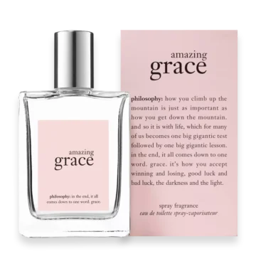 Bottle of Amazing Grace by Philosophy perfume featuring a simple, minimalist design with a white label